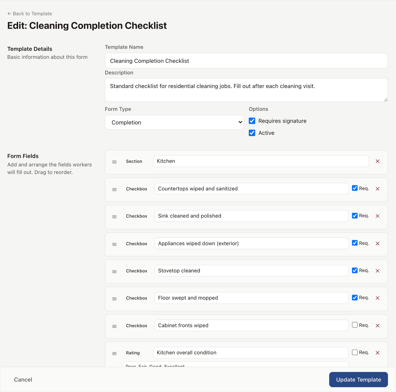 Form builder with typed fields, required toggles and drag handles to reorder
