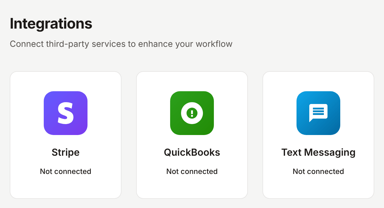 Integrations settings page with connection tiles