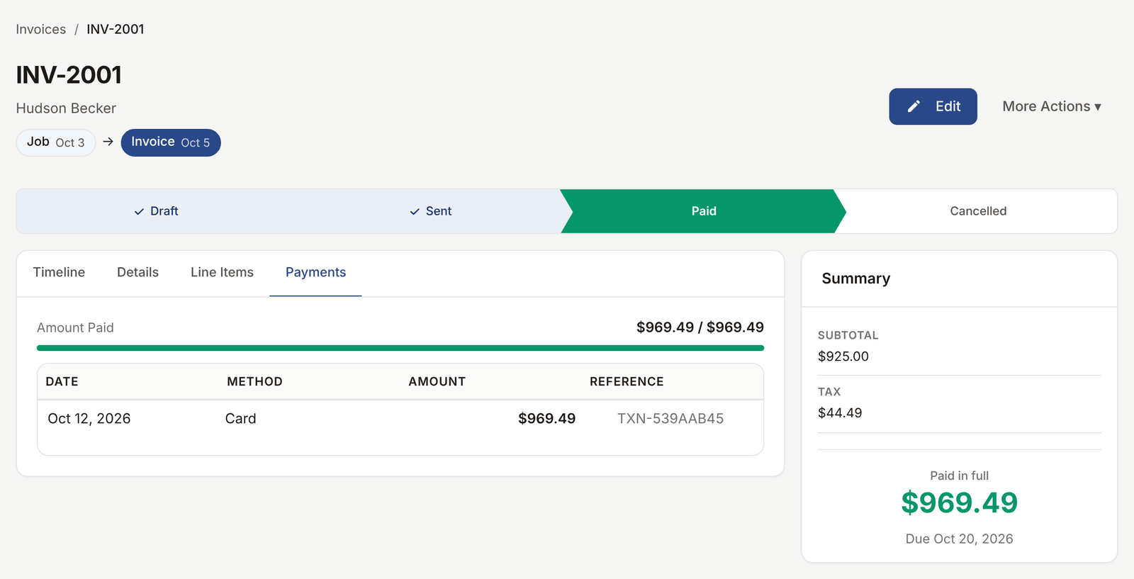 Paid invoice with payment history visible