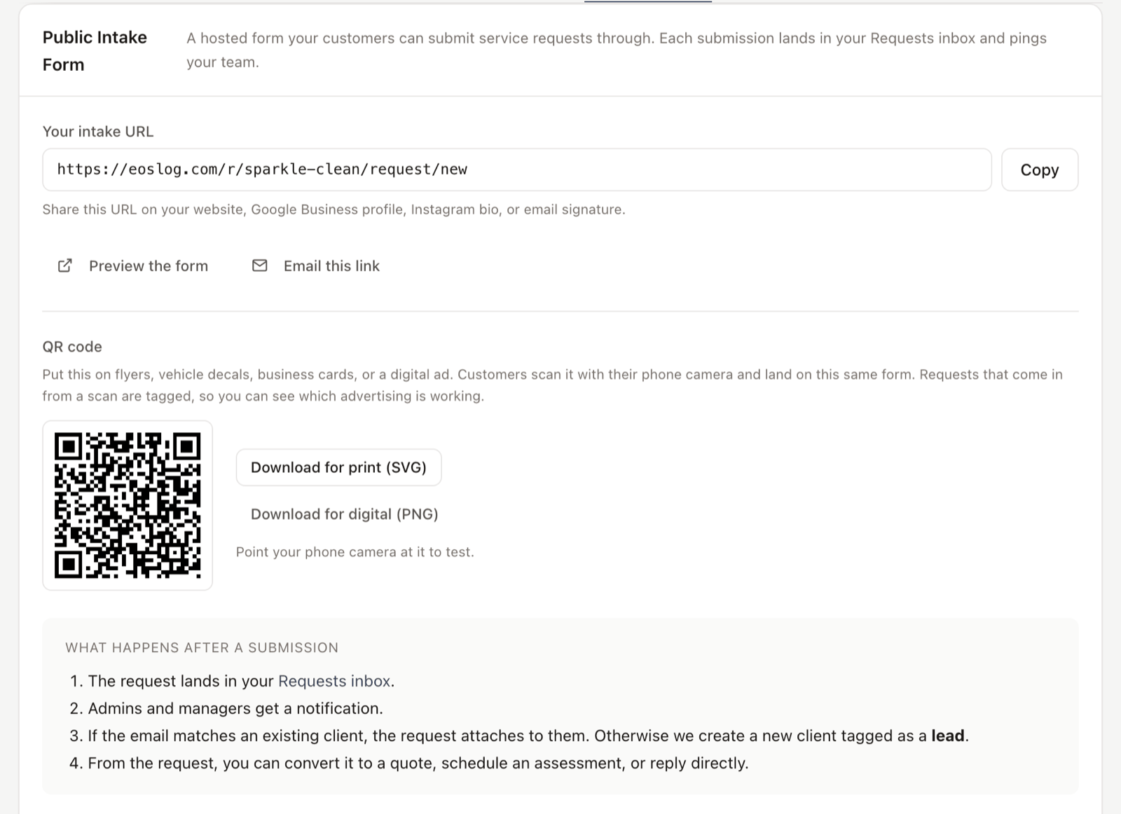 Settings page showing the public intake link