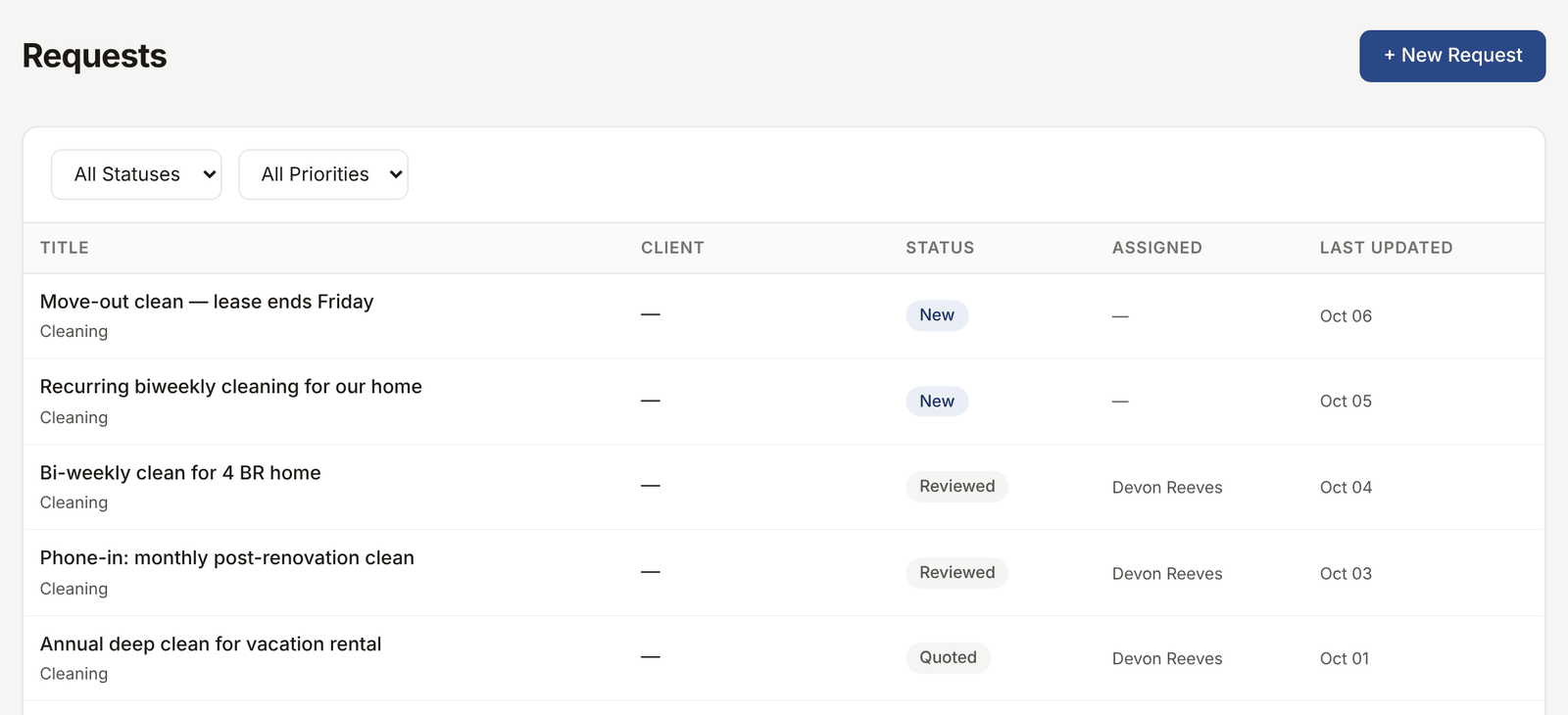 Requests inbox showing a new lead with photos