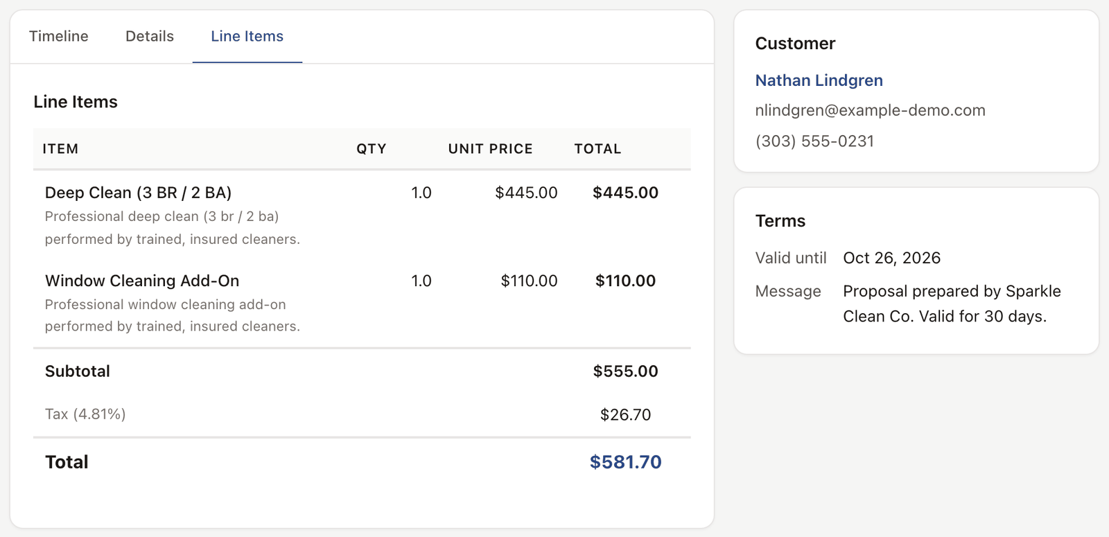 Quote line items and totals beside the customer and terms