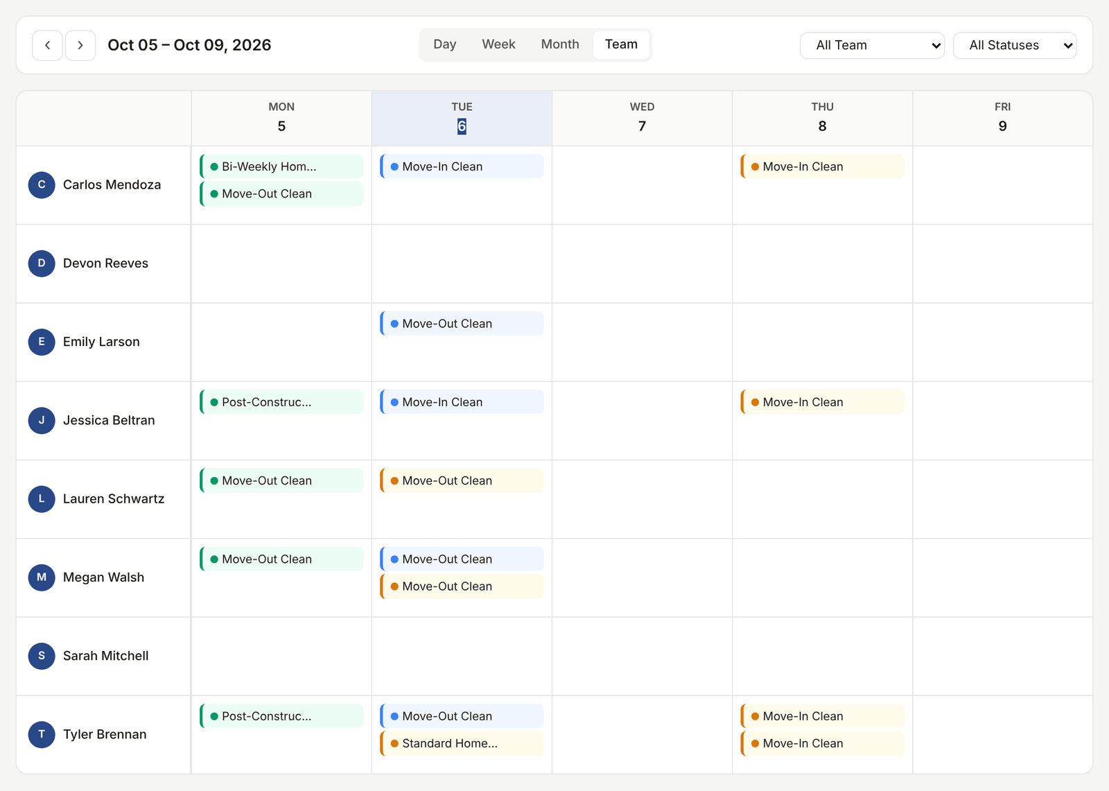 Week view with worker swimlanes and color-coded jobs