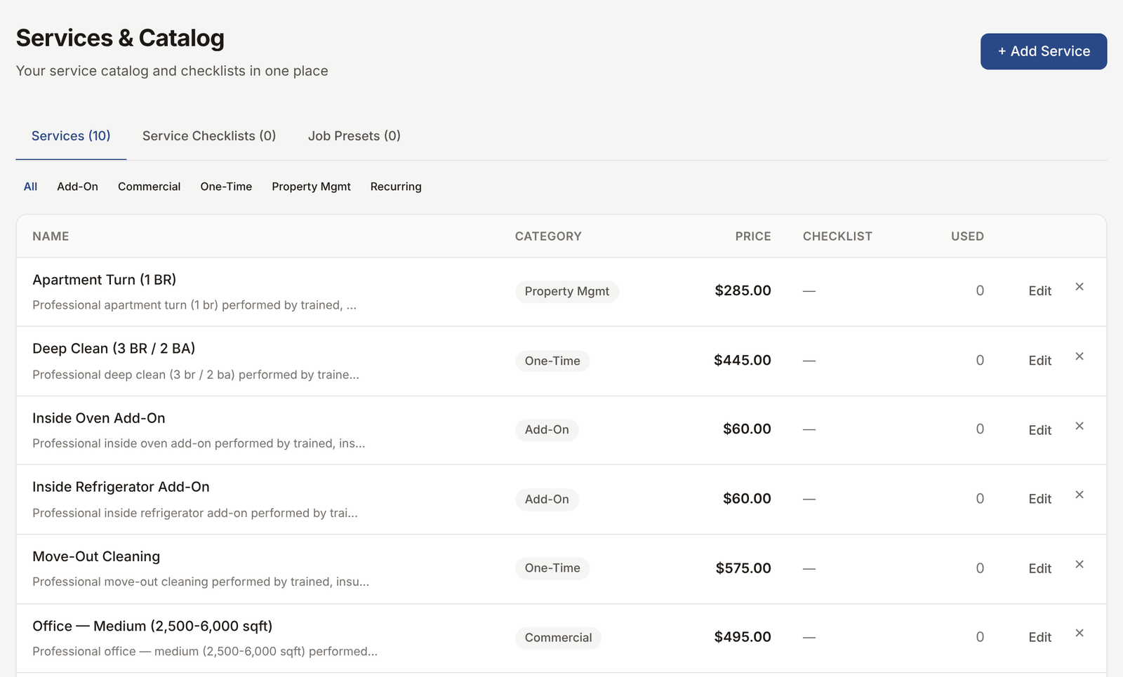 Services view with categories and price columns
