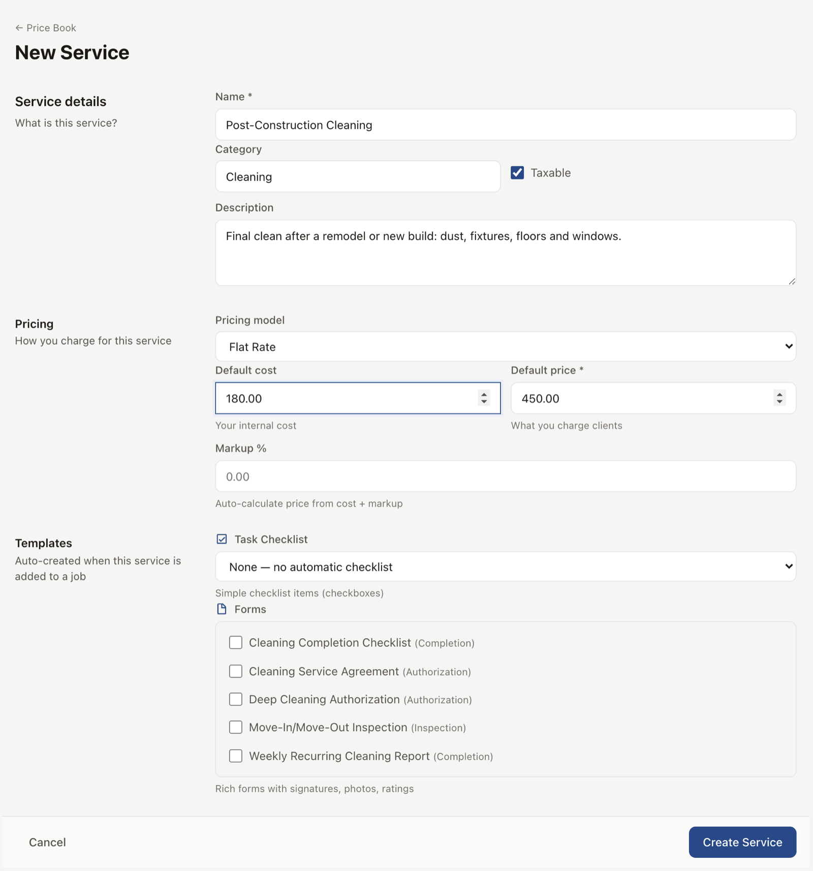 Service creation form