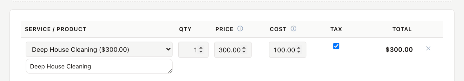 Quote builder line item with a catalog service picked and its price and cost filled in