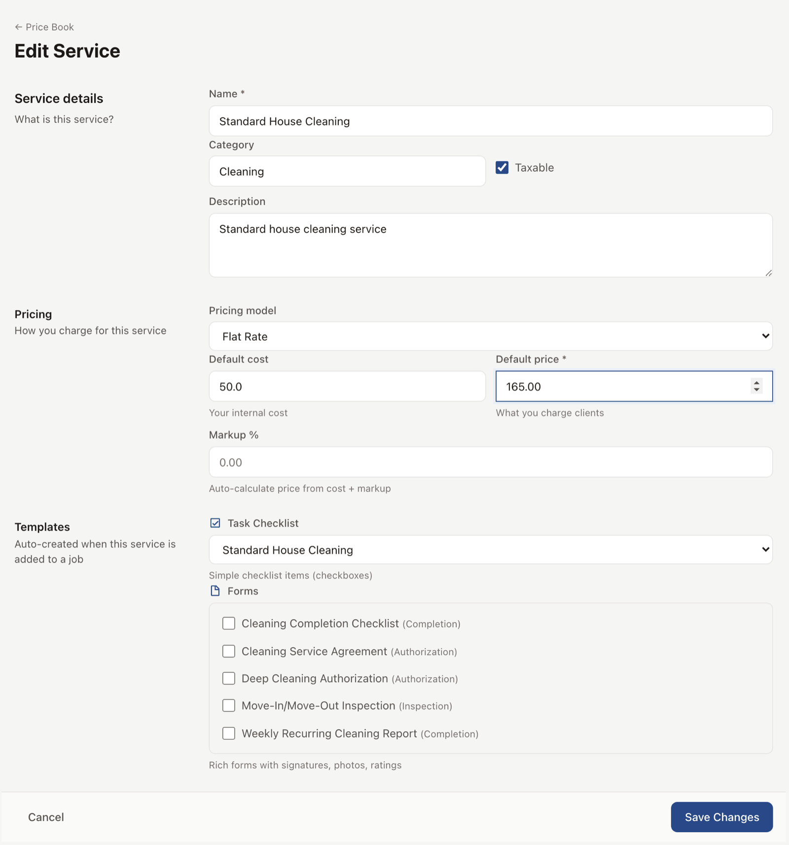 Edit-service view with a price change