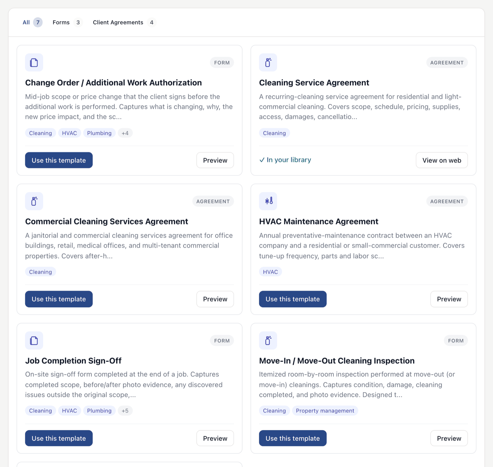 Template gallery with cards for service agreements and checklists