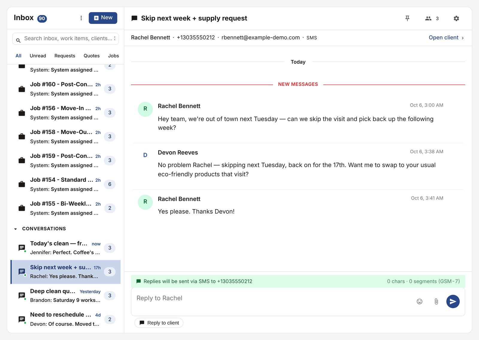 Inbox with mixed SMS and email threads