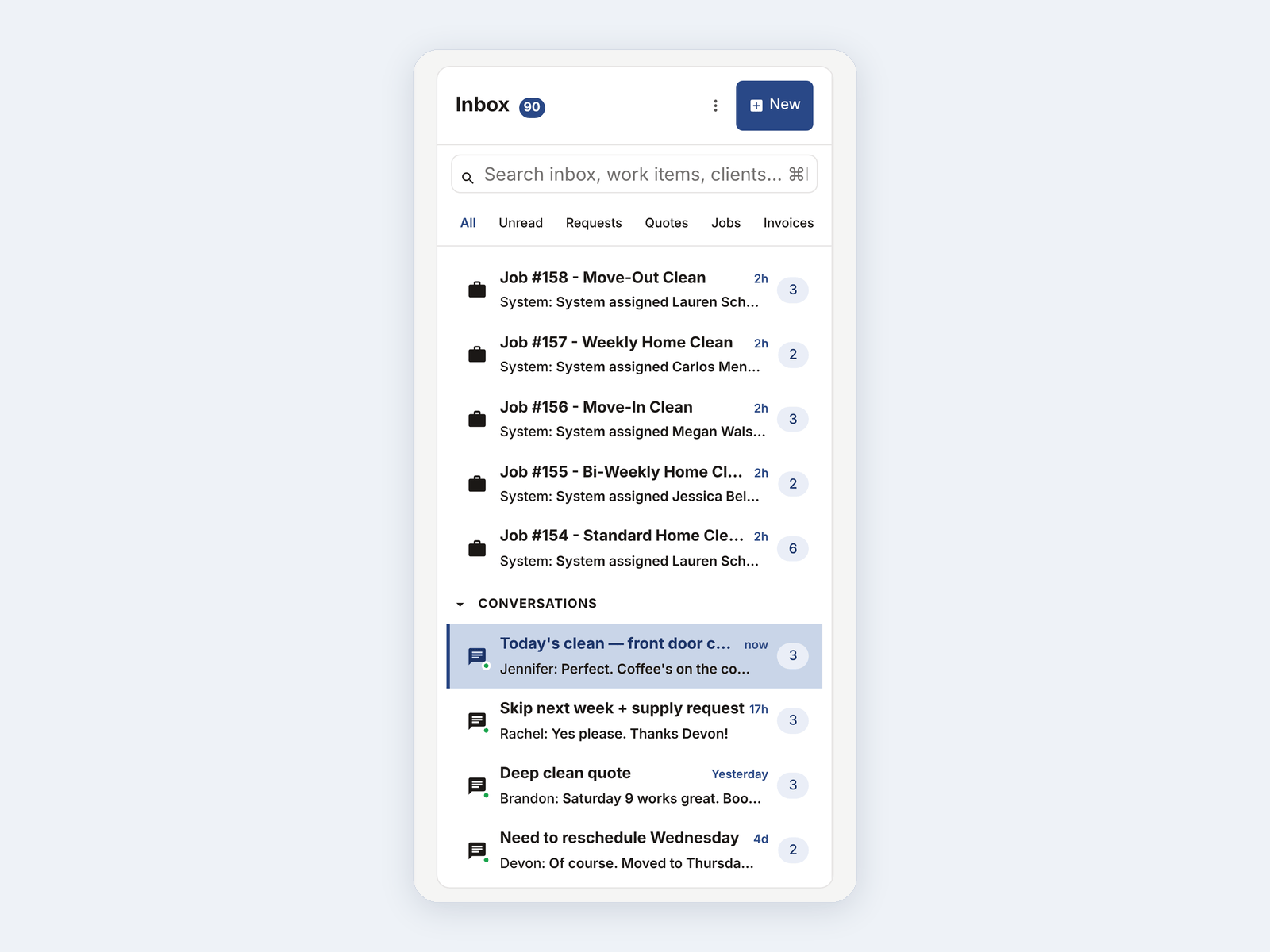 Inbox list view with channel icons per thread
