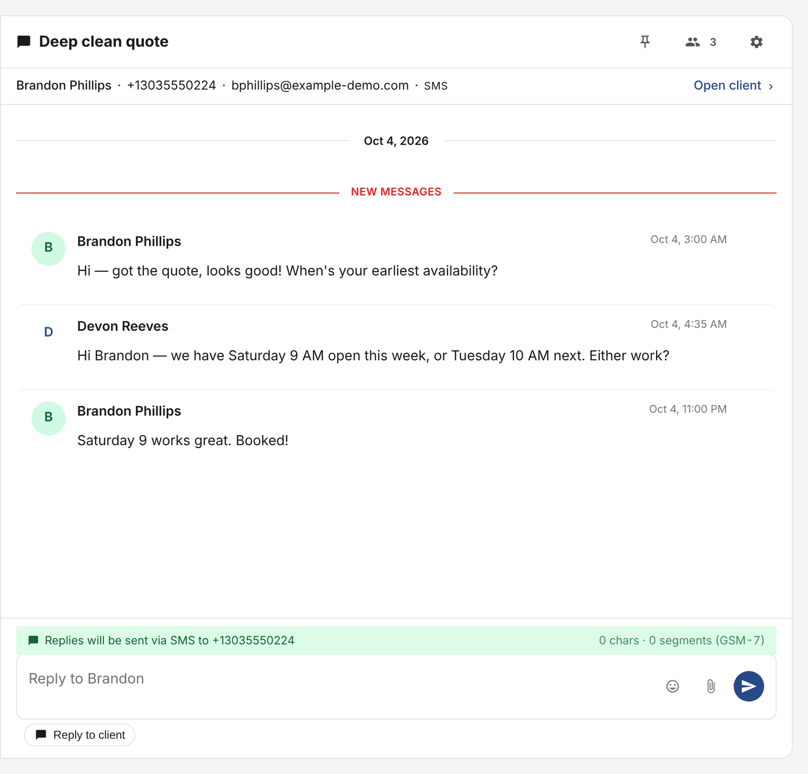 Conversation view with SMS thread and reply box