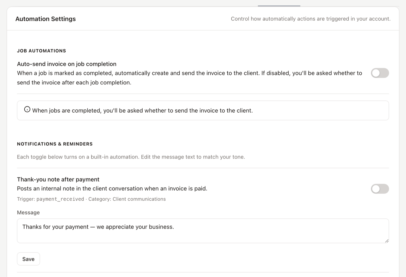 Automation settings listing the built-in workflows, each with an on/off toggle