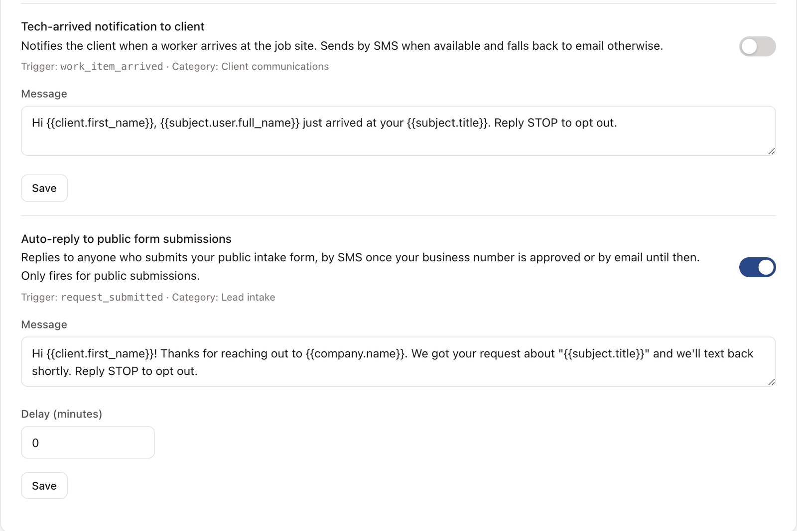 Workflow settings list with toggles