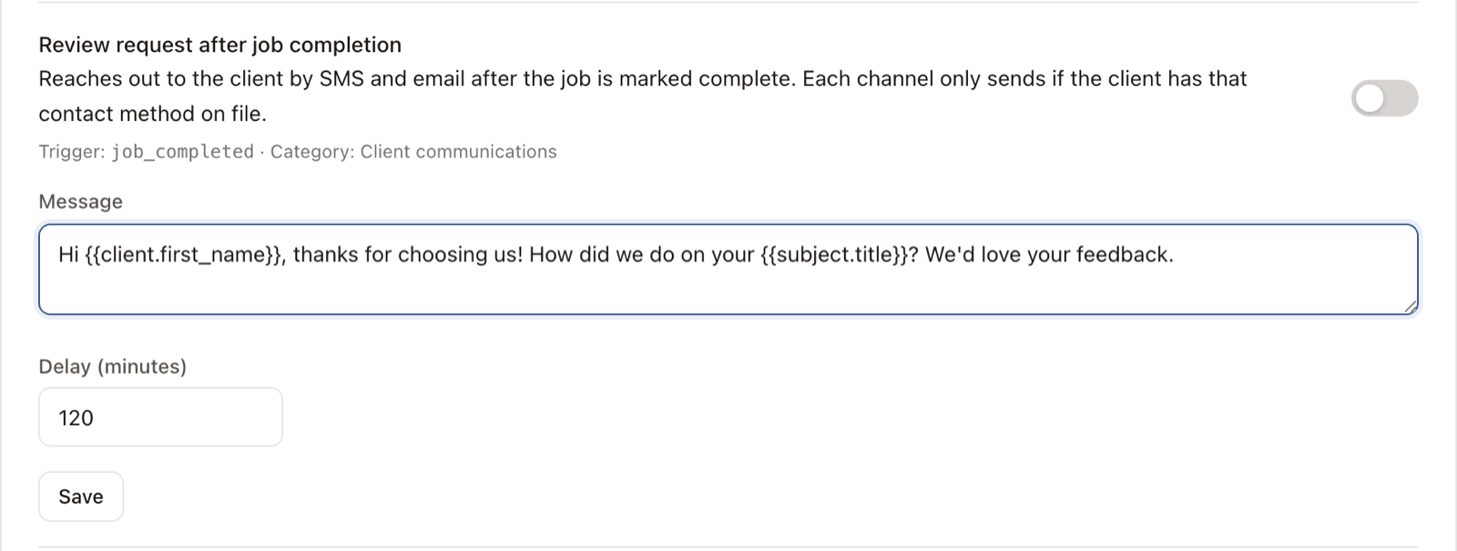 Editing an automated review-request message that uses client and job merge fields