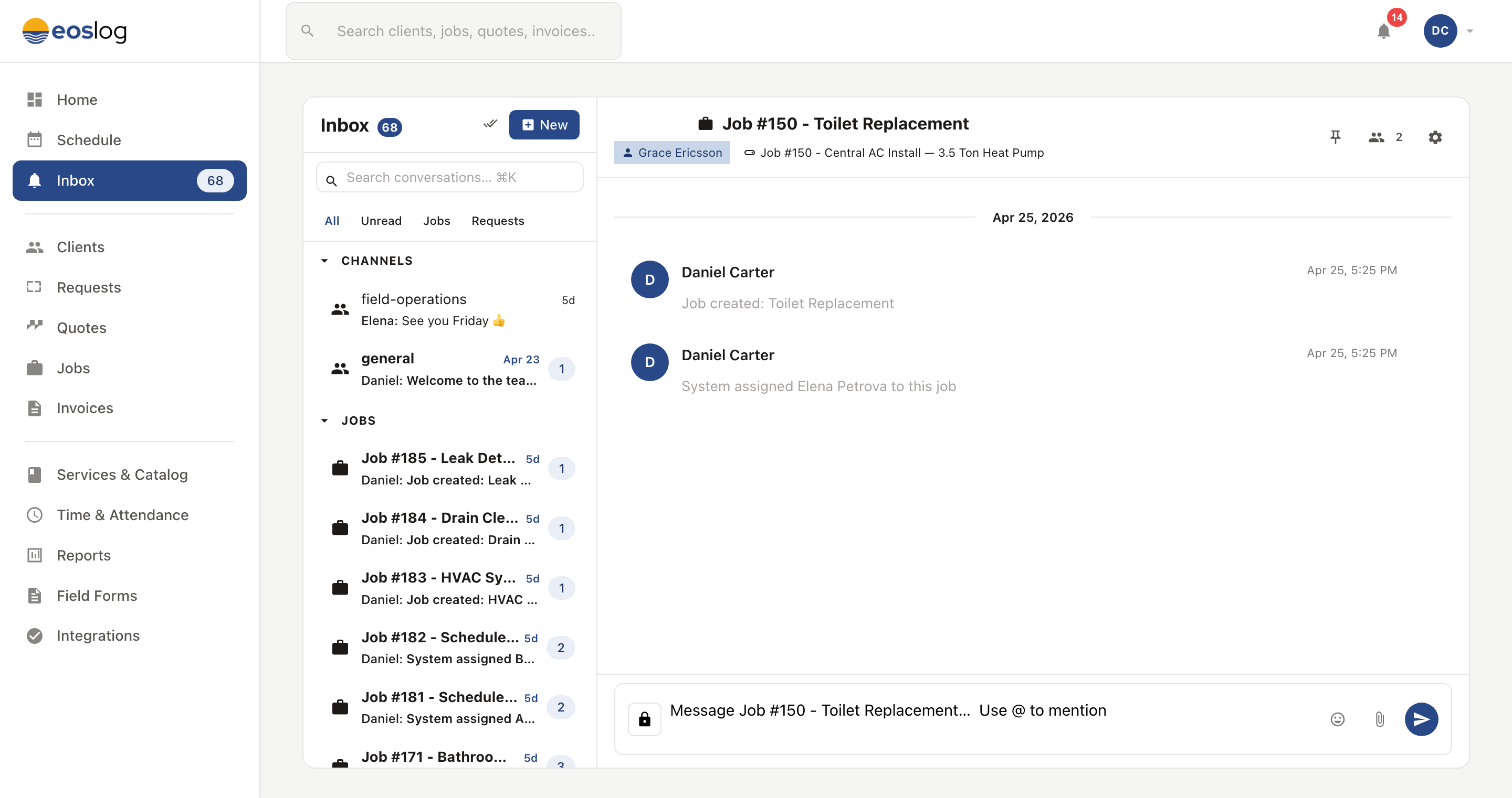 Unified inbox showing a customer conversation tied to a specific job