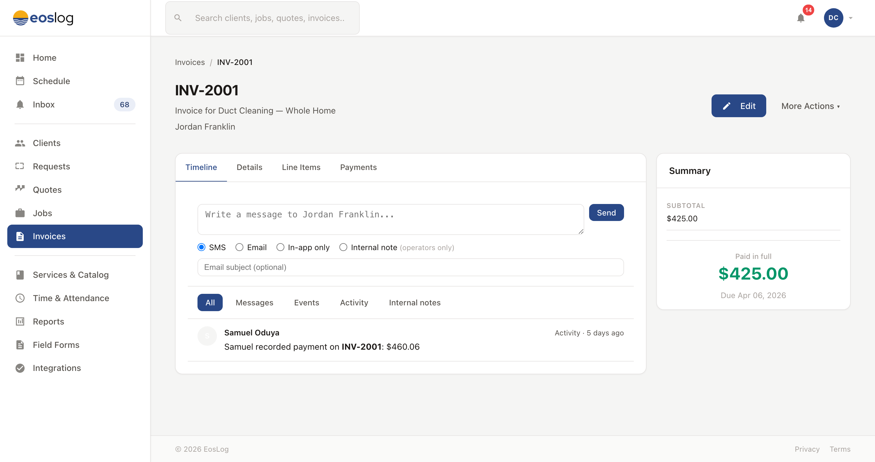 Invoice with payment trail and status