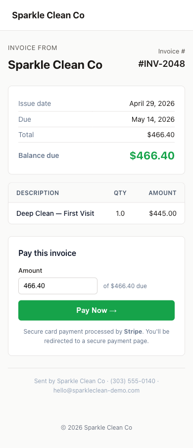 A polished EosLog invoice with a Pay Now button on a phone