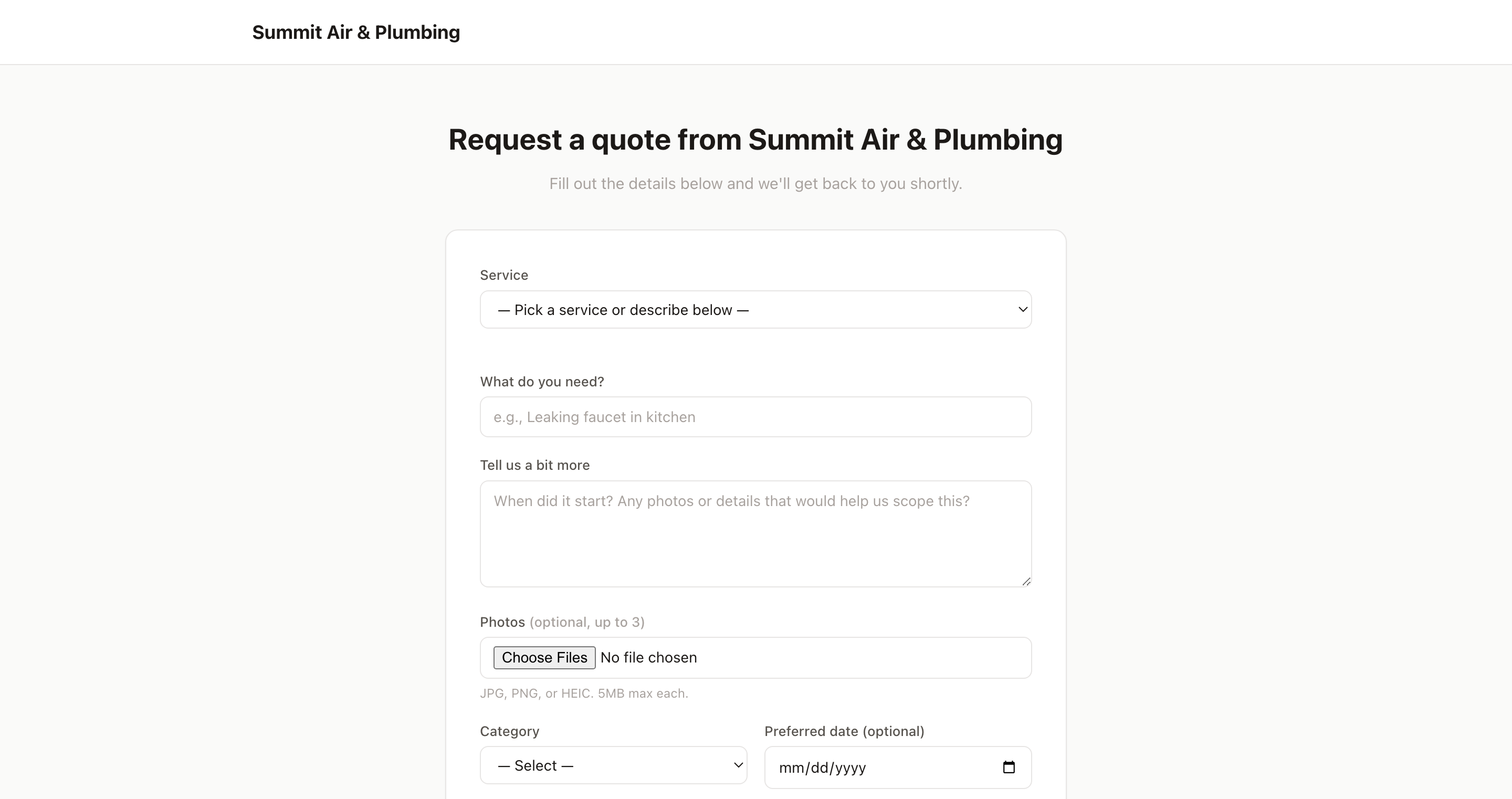Branded public intake form capturing a service request